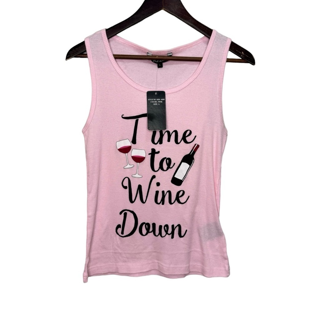 Time To Wine Down Pink Ribbed Tank Top Size Large NWT Brand New